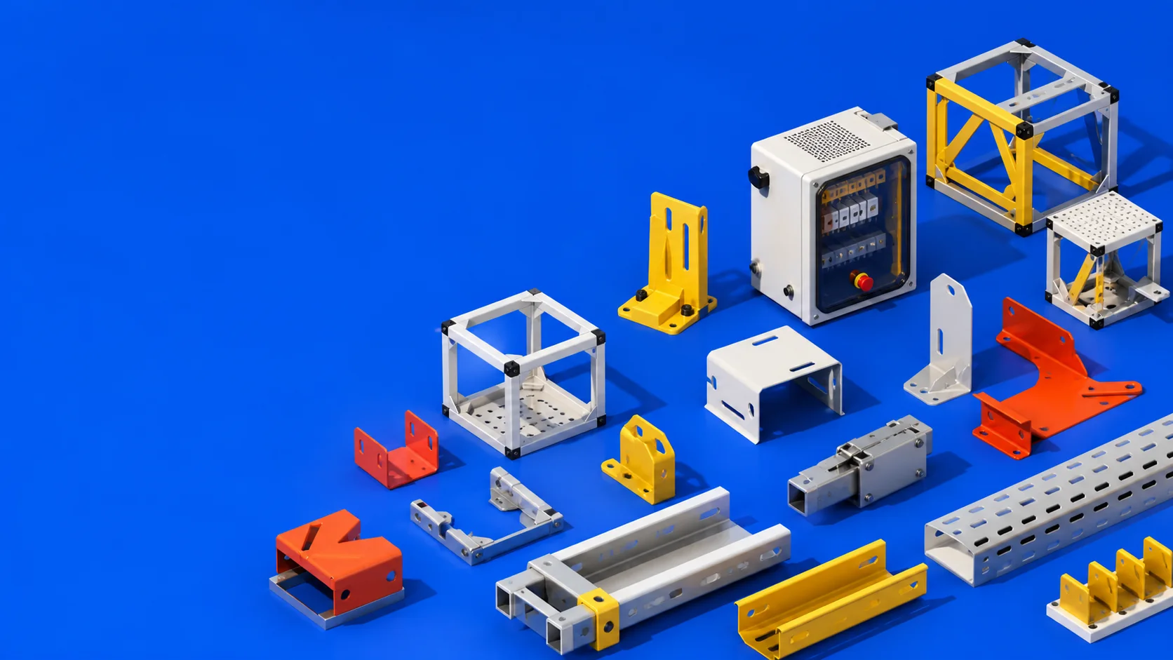 Fictional colourful fabricated brackets and modular engineering components